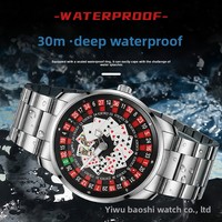 Montre à quartz pour homme, bracelet en acier inoxydable, cadran lumineux, résistante à l'eau 30M, design roue de roulette de casino, style tendance