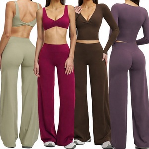 <b>Padded</b> Long Sleeve Deep V <b>Neck</b> Yoga Bra Set Elastic Waist Scrunch Front Twist Back Wide Leg Pants Quick Dry Women 3-Piece - Product Image 4