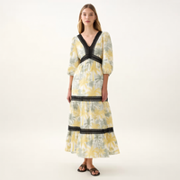 Robe midi personnalisée pour femme à imprimé feuille de palmier, col en V, manches bouffantes trois quarts, garniture en dentelle noire, à volants