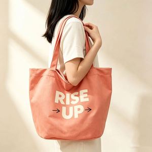 Sac fourre-tout en toile personnalisé avec slogan motivant RISE up, imprimé flèche, orange corail, sac fourre-tout inspirant pour le shopping quotidien, sacs fourre-tout pour femmes - Product Image 2