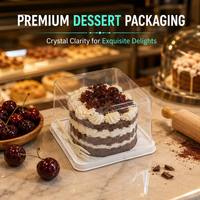 Boîte à gâteau miniature carrée en plastique PET transparent, jetable, pour mousse ou dessert individuel, avec fourchette en plastique et autocollant personnalisé
