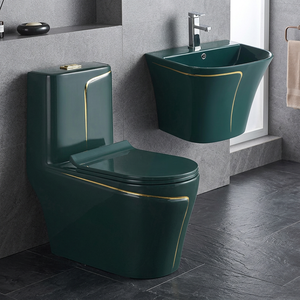 Ensemble WC monobloc et lavabo mural gris de luxe avec ligne dorée pour hôtels étoilés - Product Image 6