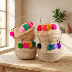 Handwoven Natural Seagrass Belly <b>Basket</b> <b>Foldable</b> Boho Organizer For Laundry Home Decor With Handles Durable Eco Friendly Design - Product Image 2