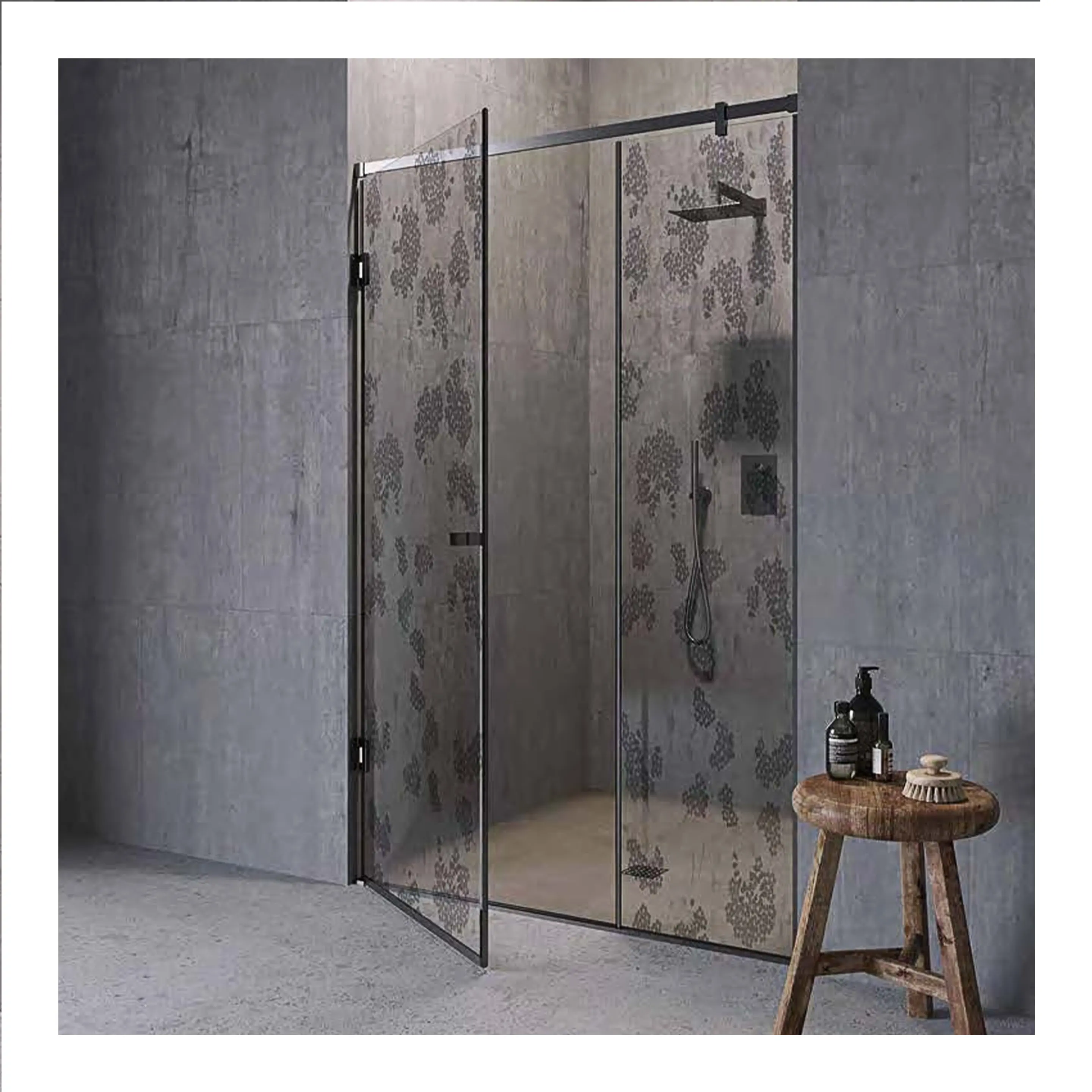 Puertas de ducha de cristal personalizadas, puerta corredera de cristal templado doble para baño, puerta de cristal de arte decorativo para ducha