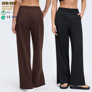 Pantalon décontracté <span class=keywords><strong>taille</strong></span> <span class=keywords><strong>haute</strong></span> tissé coupe droite pour femme, printemps-été, <span class=keywords><strong>taille</strong></span> élastique, coupe bootcut, pour fitness, entraînement, course et sport - Product Image 2