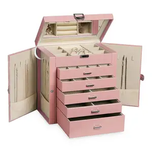 Large Luxury PU Leather Jewelry Box Organizer With Mirror Drawer Jewelri Case Jewellery Storage Case For Gift