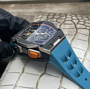 Montre chronographe de luxe en fibre de carbone avec cristal saphir, bracelet en caoutchouc bleu de haute qualité, style sportif, multi-cadrans pour homme - Product Image 4