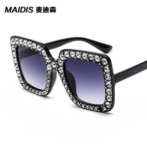 Maidis Square <b>Large</b> <b>Frame</b> Sunglasses Black Diamond Encrusted UV400 Women Fashionable Style - Product Image 1