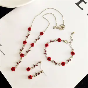 Luxueux Vintage élégant rouge Rose fleur collier Bracelet boucles d'oreilles ensemble femmes fête bijoux accessoires saint valentin cadeau