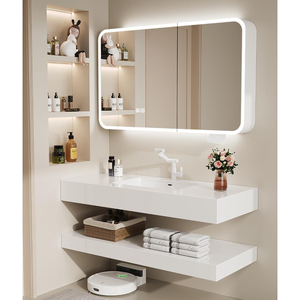 Modern Minimalist Style High-end White Series Integrated <strong>Stone</strong> Basin Single Bathroom Vanity with extra Large Smart Mirror - Product Image 3