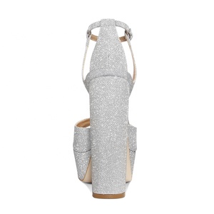 Ultimi Modelli di <span class=keywords><strong>Scarpe</strong></span> da <span class=keywords><strong>Sposa</strong></span> con Cinturino alla Caviglia, Glitter <span class=keywords><strong>Argento</strong></span>, Punta Aperta, Tacco Grosso, Plateau, Sandali con Tacco Alto per Donne - Product Image 4