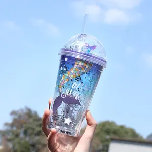 Clear Glitter Double Wall Plastic Tumbler Bubble Tea Reusable Cups Plastic Coffee Mugs Water Tumbler With Lid And Straw