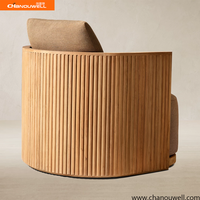 Fauteuil de salon d'extérieur en teck avec structure cannelée, chaise individuelle en tissu d'extérieur pour complexe hôtelier, jardin et zone de loisirs en plein air