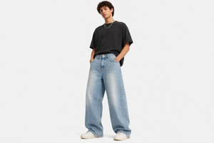 Jeans vintage bleu clair à jambes larges, coupe décontractée, 100% coton denim, pantalon streetwear - Product Image 6