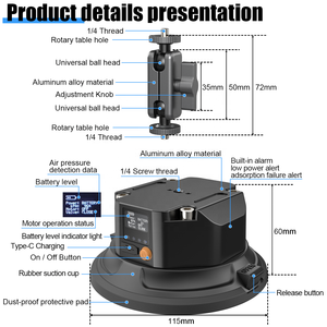 Supporto per Telecamera con Aspirazione Elettrica a Vuoto 360° °   Supporto Regolabile per Fotografia <span class=keywords><strong>da</strong></span> Tetto Auto, Resistente e Anti-Caduta, per Telefono - Product Image 2