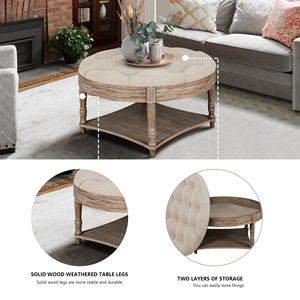 Round Waterproof Ottoman Coffee <b>Table</b> 2 Tier Button Tufted Wooden Shelf Storage Farmhouse Style - Product Image 4