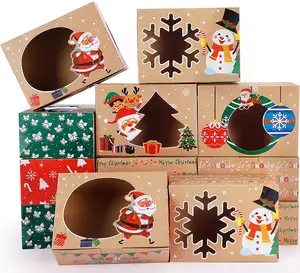Christmas Cupcake Boxes Bakery Cookie Gift Boxes with Window, 4 Holes Food Container with Tags and Ribbon for Pastry
