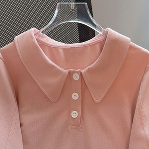 Polo de Manga Corta Rosa para Mujer, Casual, Color Sólido, Cuello Peter Pan, Tejido de Punto, Largo Regular - Product Image 2