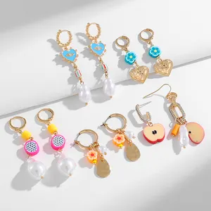 Wholesale Women Girl high quality funny summer earrings premium brass earrings Cute Heart Pearls Fruit Charm Huggie Earring