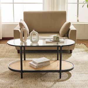 Mesa de Centro Ovalada Moderna con Tapa de Vidrio Templado y Estante de Ratán de PVC, Patas de <span class=keywords><strong>Metal</strong></span>, Mueble de Salón con Almacenamiento de 2 Niveles - Product Image 2