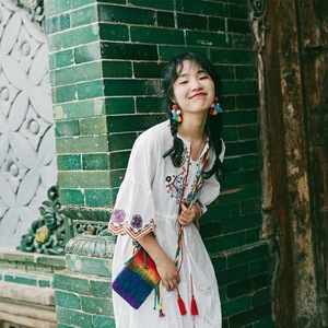 Ethnic Style Cotton Linen Long Dress White Tie Neck Loose Waist Embroidery Geometric Patterns Casual Dress 2025 Summer - Product Image 2