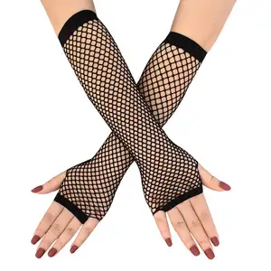 Hollow Out Punk Glov Women Sexy Black Gloves Full Finger Elegant Lady Costume Lace Fingerless Mesh Fishnet Gloves