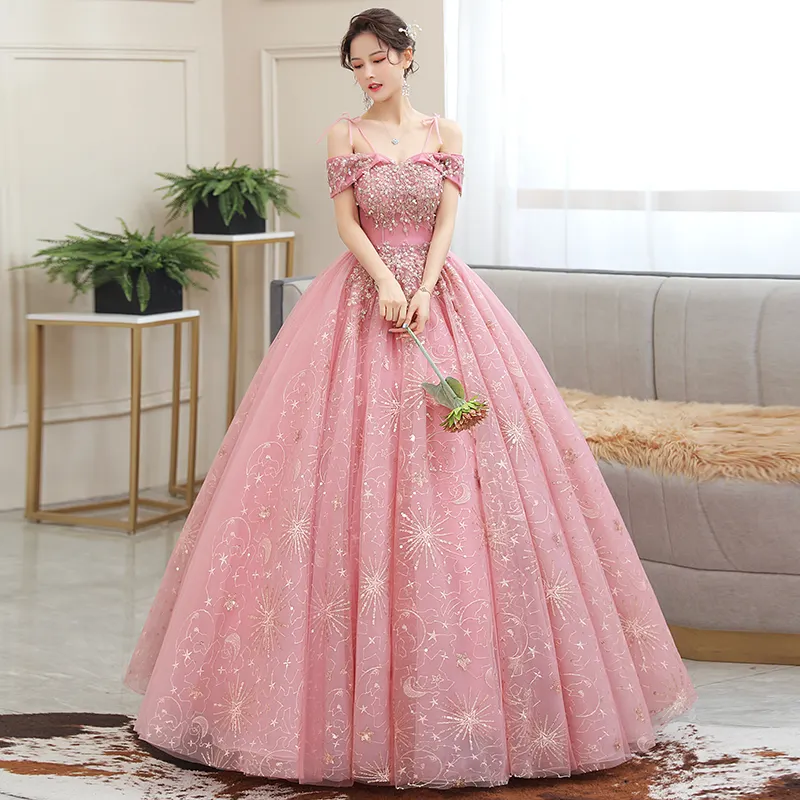 2023 Fora Do Ombro Vestidos Quinceanera Brilhando Beading Ball Gown Prom Dress Plus Size Vestidos Quinceanera Rosa