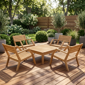 Premium Solid Teak Wood Outdoor Conversation <b>Set</b> 5 Piece Patio Slatted Chairs with Square Table - Product Image 2