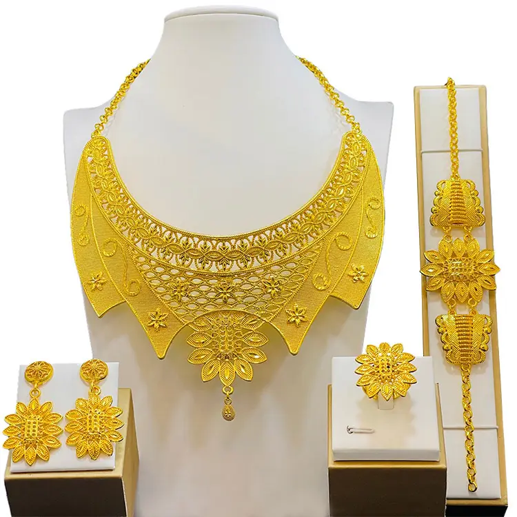Factory Supply Dubai 24K Gold Plated Jewelry Set Arab Bridal Wedding Necklace Bracelet Earrings Ring 2023 New Item Jewelry Set