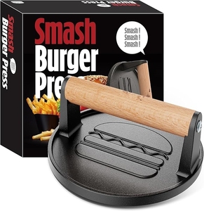 Smash Burger Press Smasher de hierro fundido pre-sazonado Smasher 2 lb Heavy-Duty Grill <span class=keywords><strong>Bacon</strong></span> Meat Press Tool con mango de madera - Product Image 1