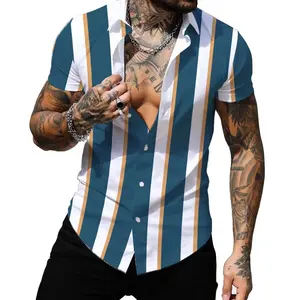 Chemise rayée à la mode imprimée en 3D pour hommes, T-shirt décontracté d'été, polo hawaïen, chemise boutonnée pour vacances à la plage, vêtements pour hommes