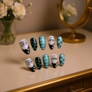 Uñas postizas de lujo con diseño elegante, acrílicas, forma ataúd, medianas, azules y blancas, con pegamento adhesivo, pre diseñadas para los dedos. - Product Image 2