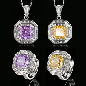 Trendy Eco-friendly Copper <b>Iced</b> <b>Out</b> Purple Cubic Zirconia Jewelry Set 10*10mm High Carbon Diamond Necklace Ring for Casual Wear - Product Image 5