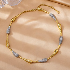 Fashionable Gold-Plated Two-Tone Brass Full <strong>Crystal</strong> Irregular Shiny Plain Gold Long Teardrop Link <strong>Choker</strong> <strong>Necklace</strong> for Women - Product Image 1