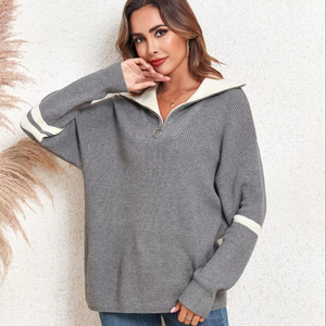 Custom Slim Cropped Long Sleeve Zip-up for <strong>Polo</strong> V-<strong>Neck</strong> Ribbed Knit Sweater Pullover <strong>Jumper</strong> Tops for Office <strong>Ladies</strong> in Winter - Product Image 1