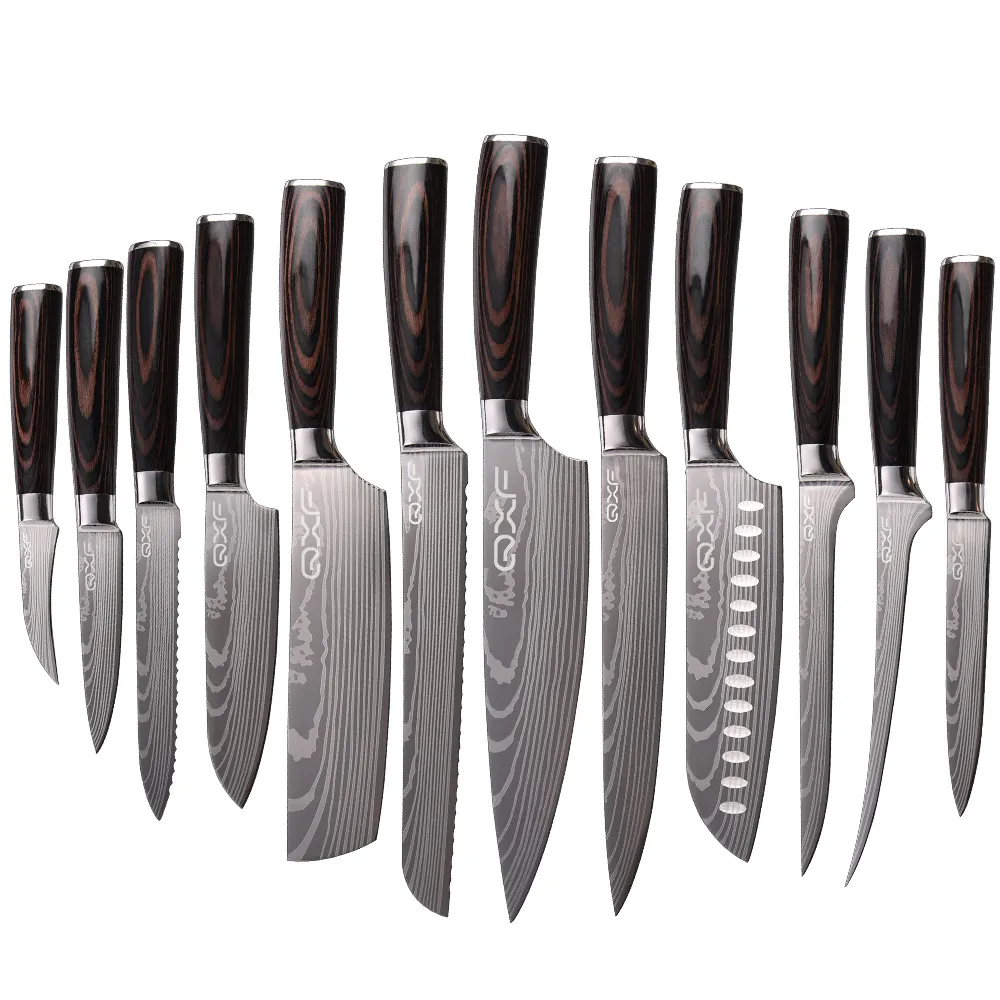 Damascus Knife Set QXF New Arrival 12 Pieces High Carbon Steel Damascus Laser Pattern Professional Kitchen Knife Set