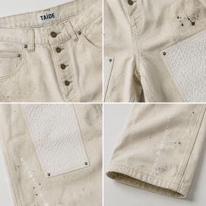 Pantaloni da carpentiere larghi TaiDe certificati GRS, colore <span class=keywords><strong>ecru</strong></span>, con schizzi di vernice, inserti in rete, chiusura a bottoni, logo personalizzato, OEM ODM, all'ingrosso, da uomo - Product Image 3