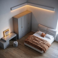 Ensemble de meubles de chambre nordique gris en gros : lit plateforme rembourré, placard de rangement, coiffeuse avec éclairage LED pour appartement