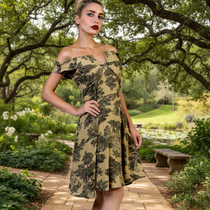 Vestido ecológico con estampado de árbol y leopardo para mujer con cuello Carmen drapeado Tela de gasa Cintura natural - Product Image 3