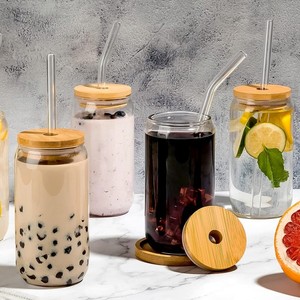 Botella de vidrio personalizada de 16 oz (500 ml) con tapa de bambú y pajita, botella de cerveza, vasos de cerveza, botella de refresco con tapa y pajita - Product Image 2