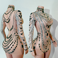 Smaragdgrünes Kristall-Minikleid - Silberkette mit Juwelen Besetztes Bühnenoutfit für Divas, Nachtclub-Partys & Prominenten-Events