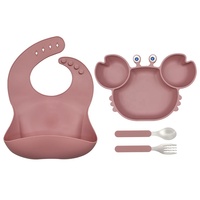 Assiette à sucer en silicone de qualité alimentaire en forme de crabe, bavoir à taille réglable, fourchettes et cuillères souples pour l'alimentation des bébés, logo personnalisé, vaisselle pour enfants