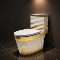 WC moderne en céramique à deux pièces, rayé or, avec ligne dorée électroplaquée et cuvette sans rebord blanche