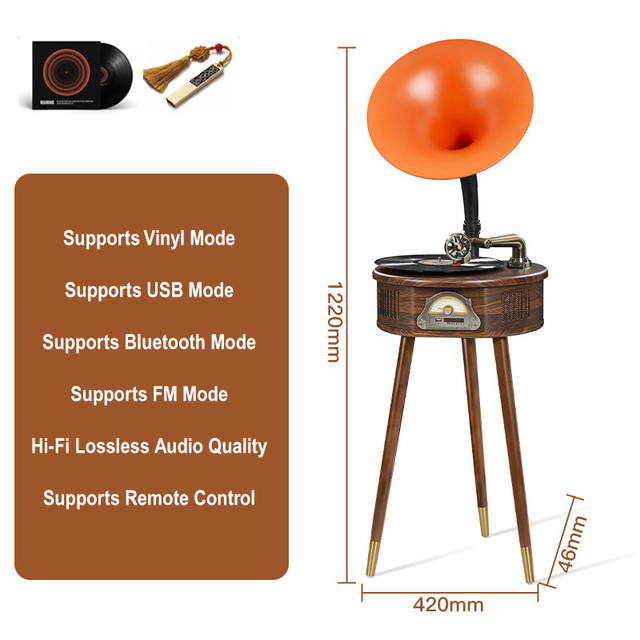 HiFi Sound Retro Wooden Turntable Player with BT USB FM Radio and Remote Control Vintage Gramophone for Home Living Room
