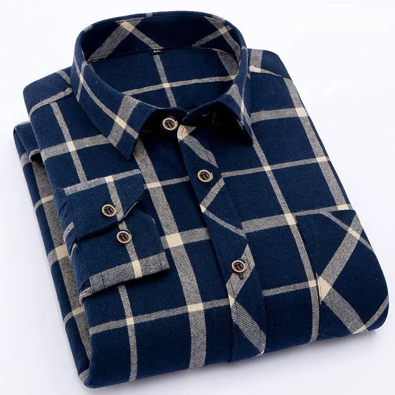Wholesale Custom New Fashion Blue Casual Shirt England Style Stand-up Collar Polo T Shirts Plaid Long Sleeve Men's Shirts