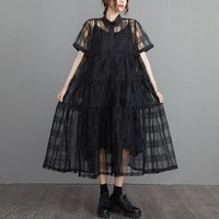 Nouvelle Robe Chemise en Organza Chic Française pour l'Été 2026, Ensemble 2 Pièces Ample et Superposé, Grande Taille, Robe Longue Noire pour Femme