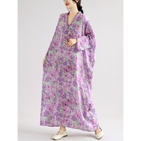 Robe longue d'été 2026 en coton et lin à motif floral violet, élégante, col en V, coupe oversize, style féerique, chic, pour femme, grandes tailles, vente en gros