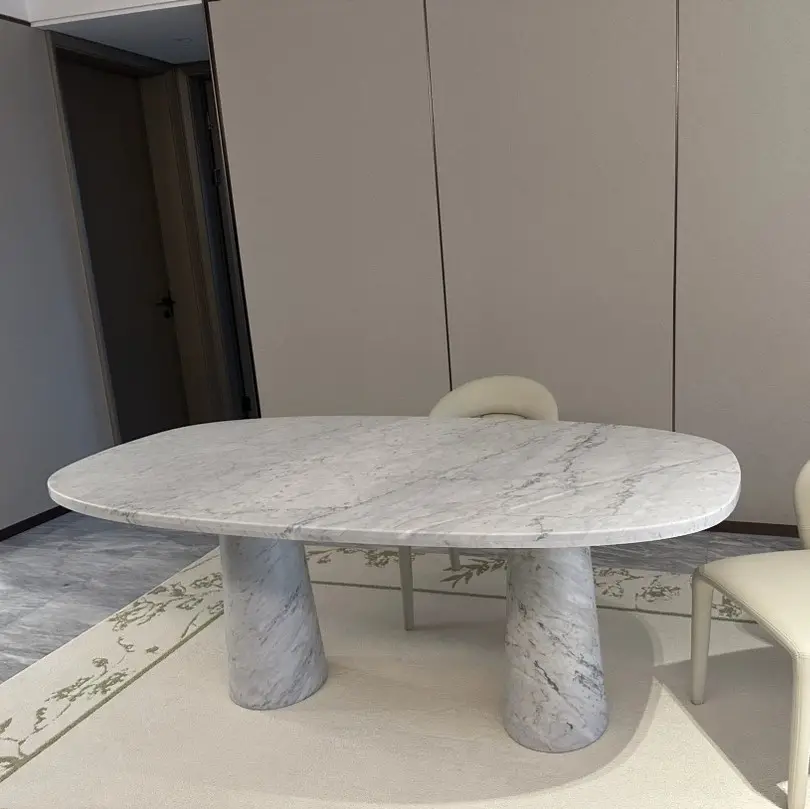 Eetkamer Meubels Natuursteen Ovale Marmeren Tafel Carrara Wit Marmeren Eettafel