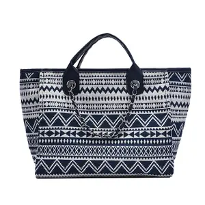 Tas jinjing desainer mode tas Duffel kulit atas tas Duffel Aztec hitam putih wanita tas bahu kapasitas besar kain katun