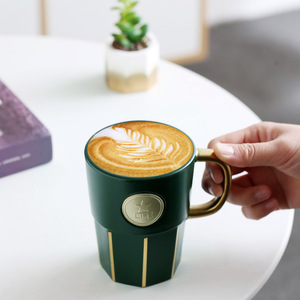 Mug à café en céramique verte, plaqué or, style nordique, motif feuille, en porcelaine, pour cadeau de miss, occasion spéciale - Product Image 3